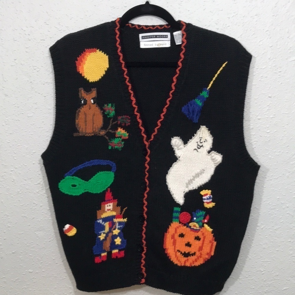 Jennifer Moore Halloween Knitted by Hand Vintage Embroidered Sweater Vest‎